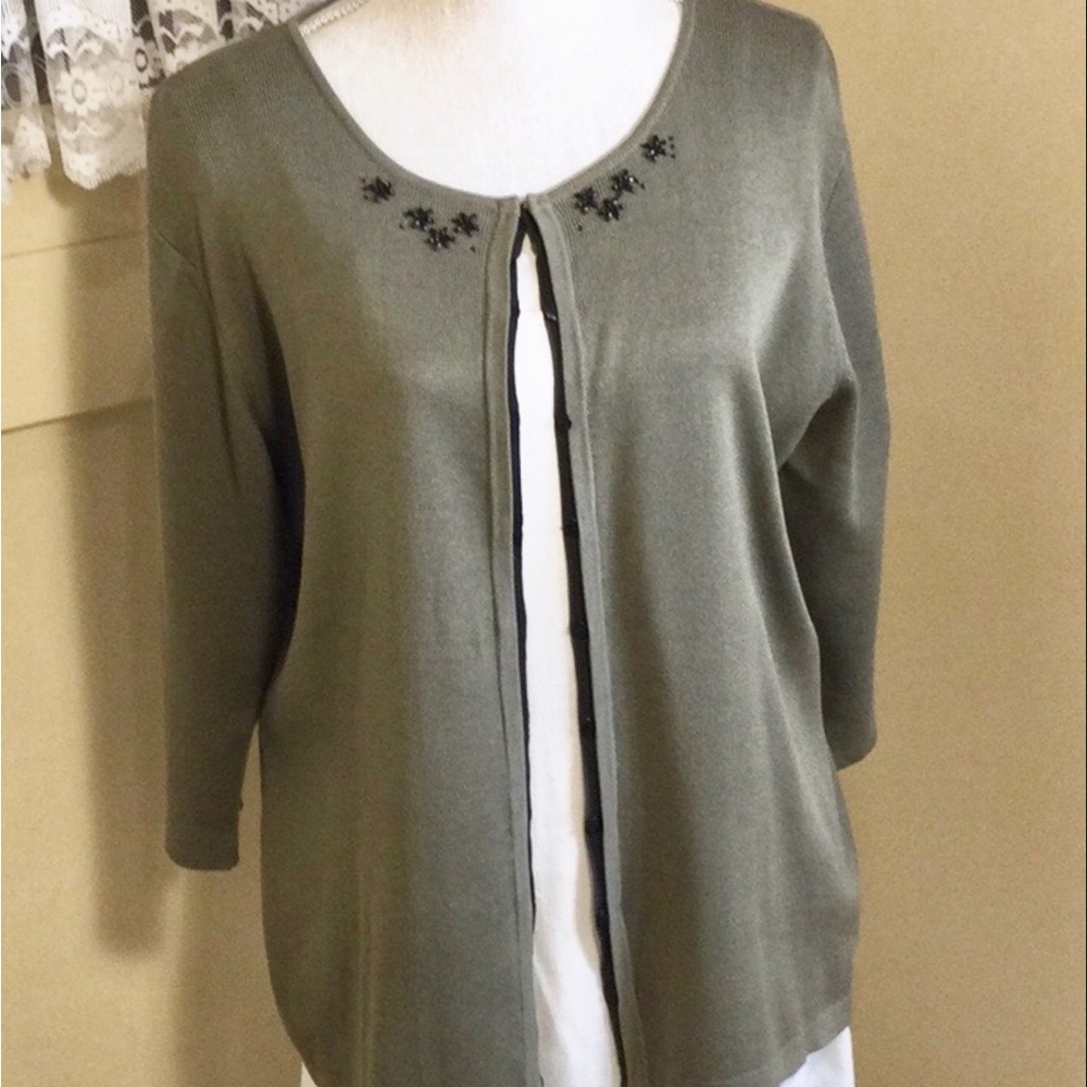 Beautiful Khaki Green button up Sweater with beaded detail by CLEO ll